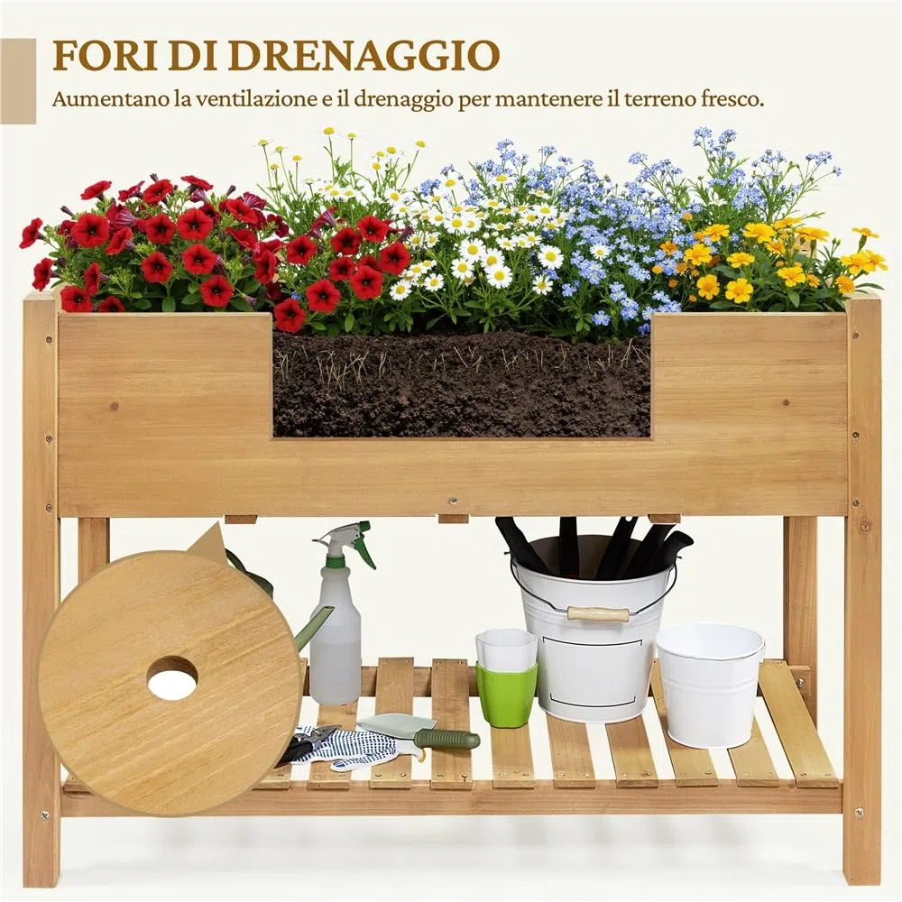 Yaheetech Fioriera/Aiuola Rialzata Orto Balcone Alta da Esterno in Legno Lettino per Piante Giardino con Ripiano Mensola 119 x 57 x 80 cm Portata 100 kg