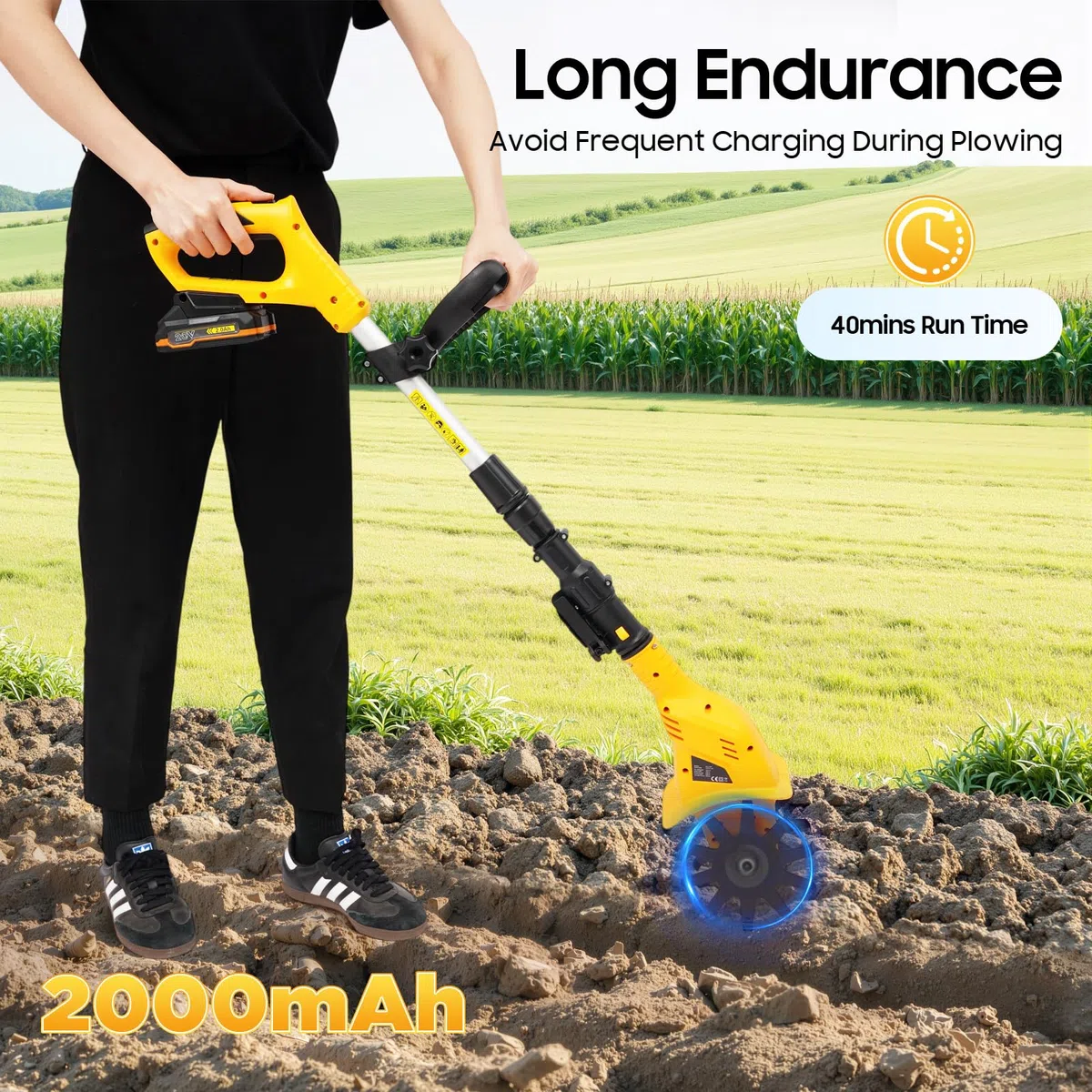 Motozappa, zappa elettrica compatibile con batteria, fresa da giardino, profondità di 25 cm, fresa senza spazzole, timone elettrico manuale per piccole aiuole e giardini