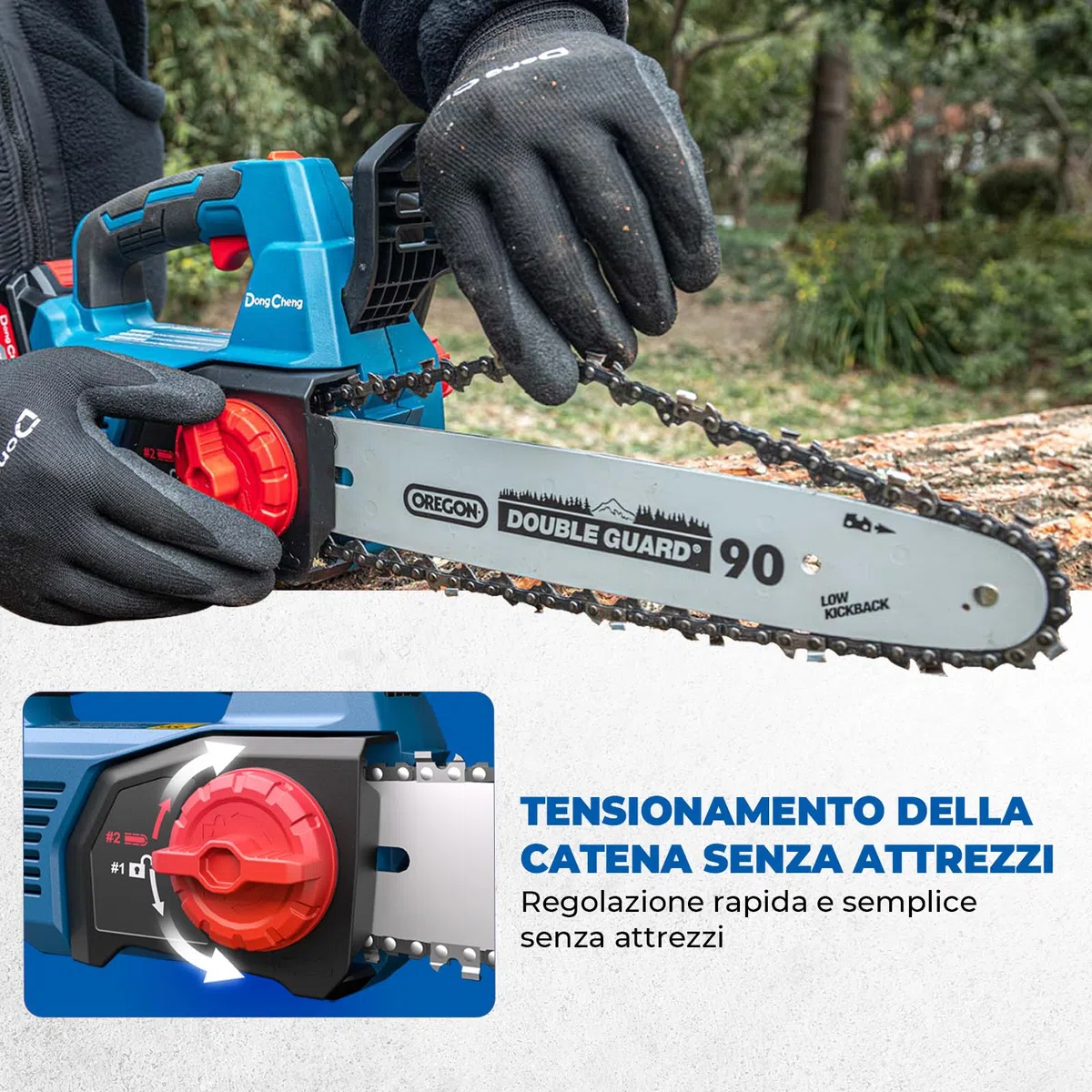DongCheng Motosega a batteria 20V, brushless, 12 m/s, lama OREGON 30cm, 2x4,0Ah. Tendicatena senza attrezzi, lubrificazione automatica, 2kg (senza batteria), Giardino, legna, potatura