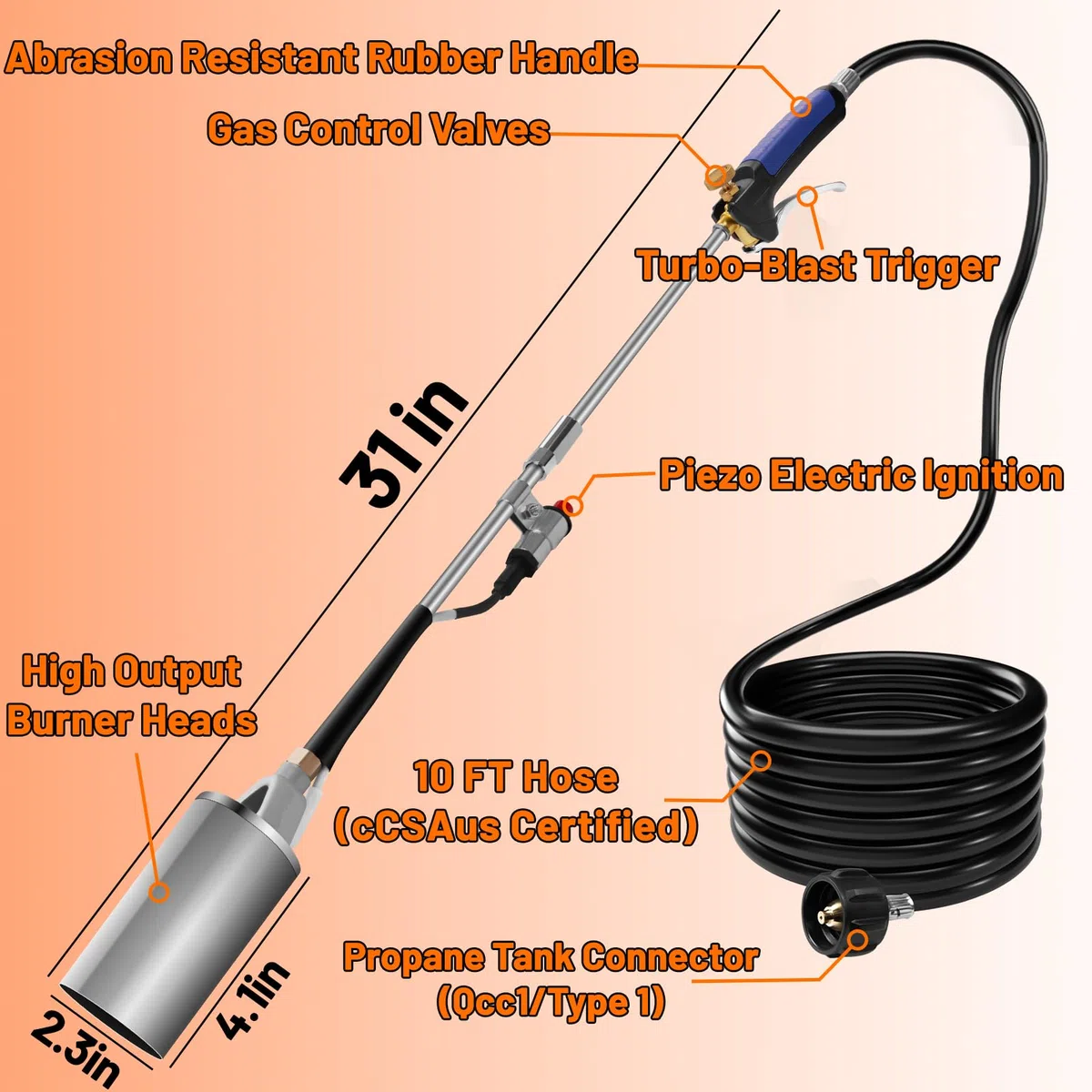 Torcia a propano, kit bruciatore per erbacce, ad alta potenza, con tubo flessibile da 3 m, per diserbo, asfalto del tetto, neve, segnaletica stradale, carbone