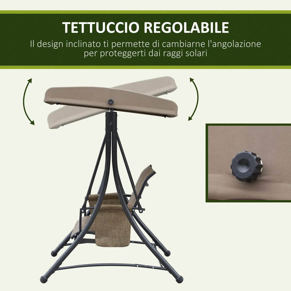 Outsunny Dondolo da Giardino a 3 Posti con Tettuccio Regolabile e Tasche Portaoggetti Marrone 196x128x172cm