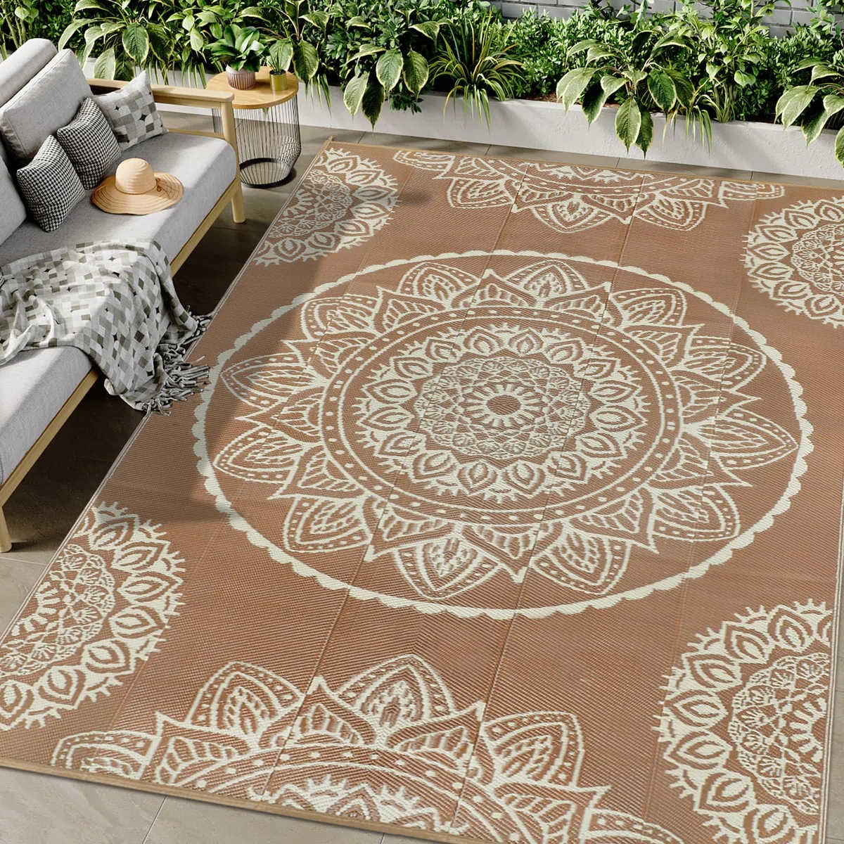 Famibay Tappeto da Esterno Resistente alle Intemperie 270x365cm Reversibile per Campeggio Tappeto da Esterno Impermeabile Beige Marrone in Plastica Ribaltabile Leggero Tappeto da Esterno per Terrazza