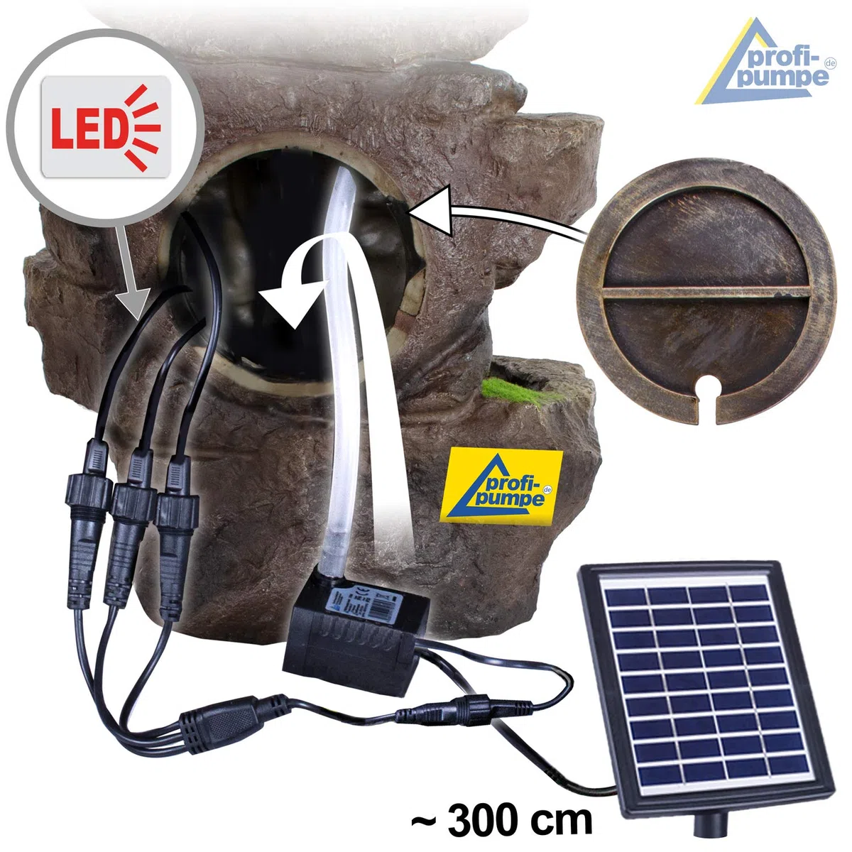 Fontana da giardino solare con luce LED, cascata in pietra SCHWARZWALD