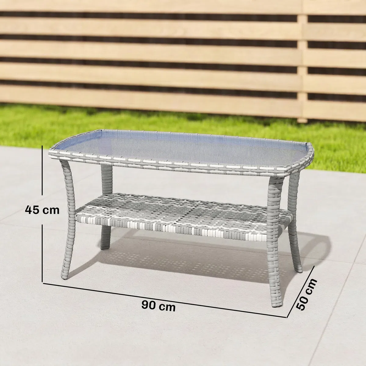 Outsunny Tavolo da giardino esterno in rattan con mensola, tavolino rettangolare da giardino, piano in vetro temperato con onde, struttura in acciaio, per terrazza, patio, 90 x 50 x 45 cm, grigio