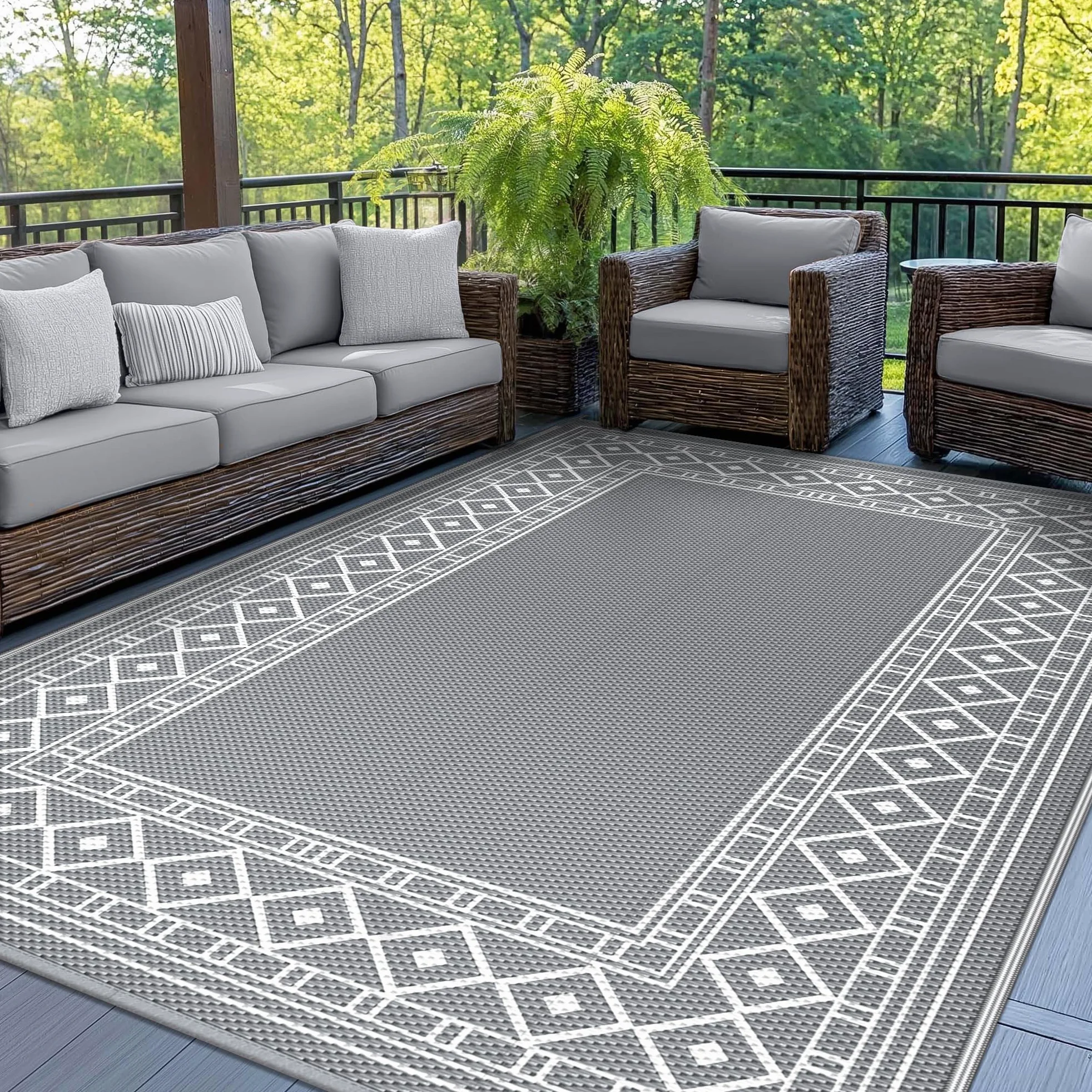 GENIMO Tappeto da Esterno 150x240 cm in Plastica Impermeabile Lavabile Reversibile, Vintage Grigio/Bianco per Terrazza Giardino Camper Picnic Balcone