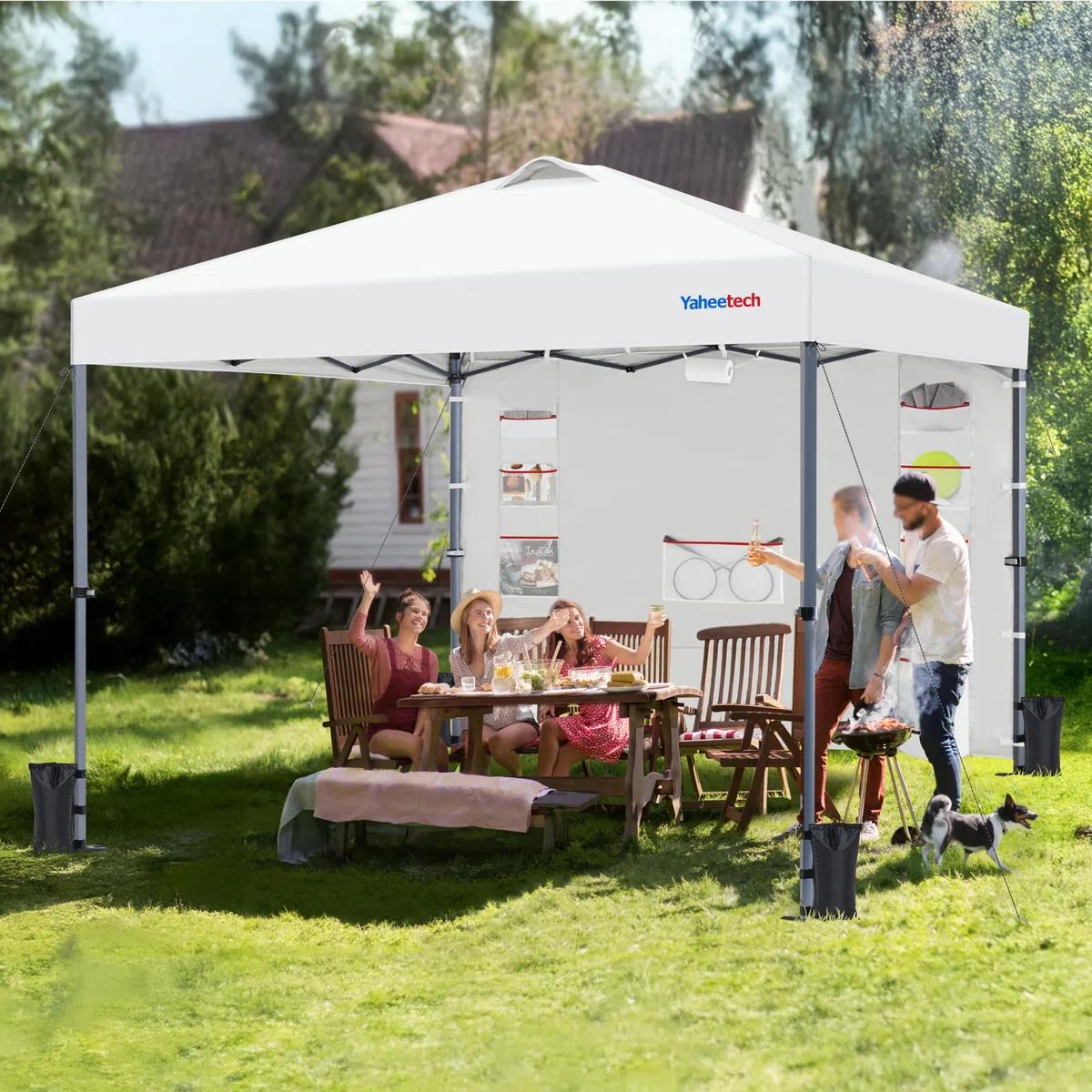 Yaheetech Gazebo da giardino a Una Spinta con 1 Parete Laterale Stabile 9 Tasche Portaoggetti Tenda Esterno Pop up Altezza Regolabile Impermeabile per Festa Eventi