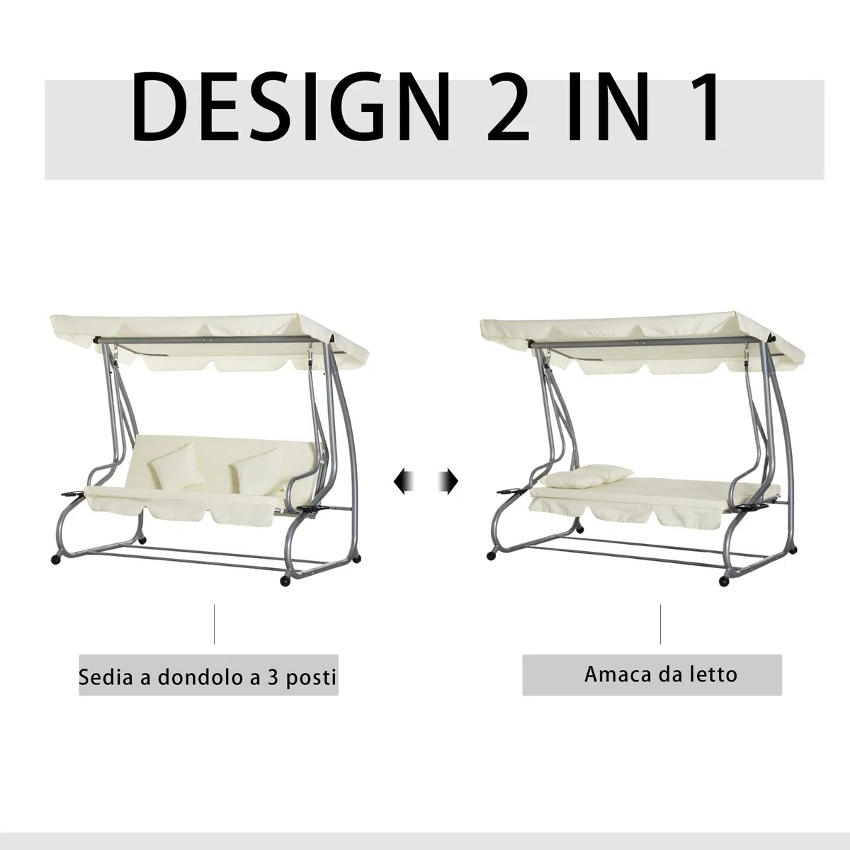 Outsunny Dondolo da Giardino convertibile in Letto a Dondolo, Dondolo 3 Posti in Acciaio e Poliestere con Tetto Regolabile e 2 Portabicchieri, 200x120x164 cm, Crema